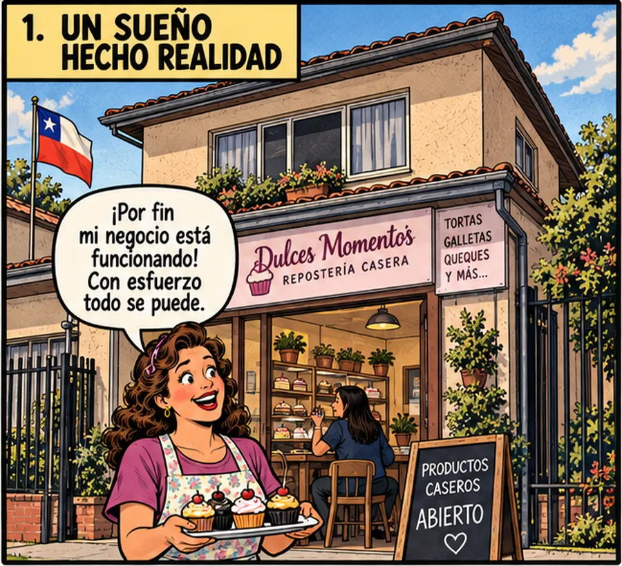 Propietaria feliz con su repostería casera funcionando en la vivienda