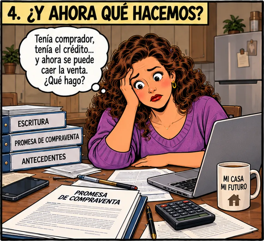 Propietaria preocupada con la promesa de compraventa sobre la mesa