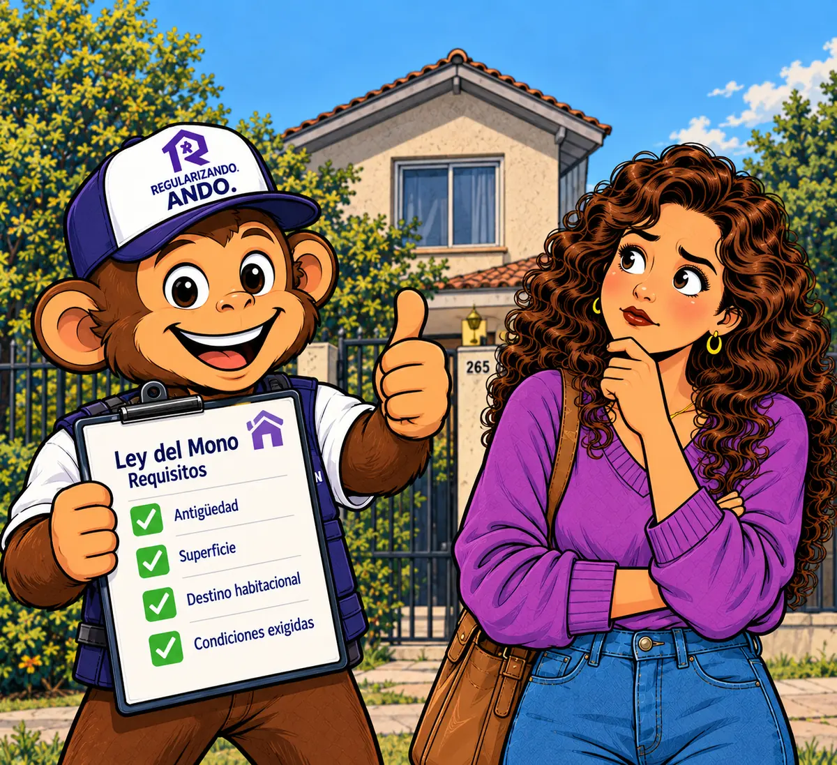 Personaje de Regularizando Ando mostrando los requisitos de la Ley del Mono a una propietaria