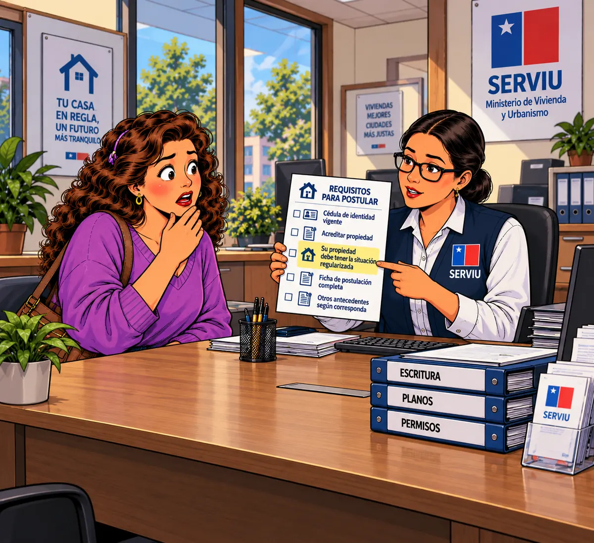 Propietaria consultando los requisitos de postulación en una oficina del SERVIU