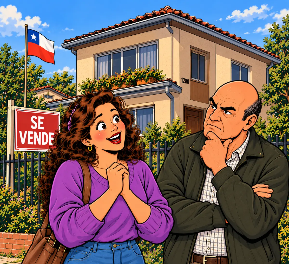 Propietaria y comprador frente a una casa con letrero de se vende