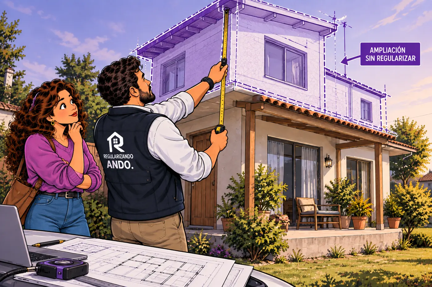 Arquitecto de Regularizando Ando midiendo en terreno la ampliación sin regularizar de una vivienda